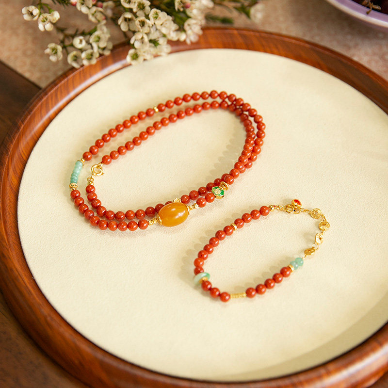 水舞 L1016 天然南红玛瑙项链手链两用款老蜜蜡桶珠毛衣链新中式