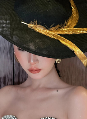 水舞B3100法式大帽檐黑色时尚晚宴礼服帽子度假风万圣节装饰帽子