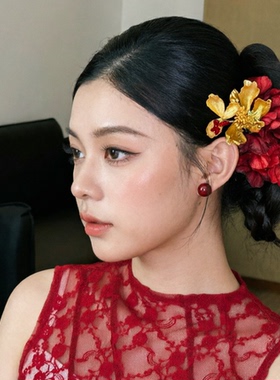 水舞U2605新中式金红色百搭敬酒服新娘婚礼晨袍订婚造型花朵发饰