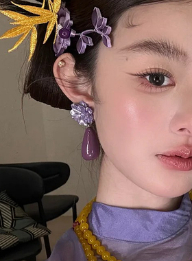 水舞 H2203新款高级感新中式水滴紫色花朵耳环温柔耳钉耳饰品