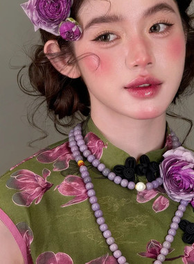 水舞D1212 康康老师同款紫色串珠新中式新娘项链108籽颈链配饰