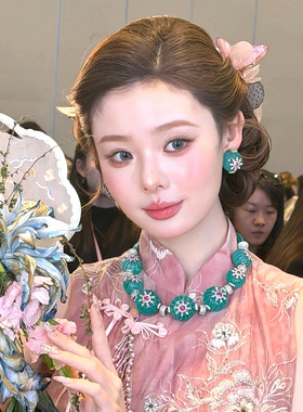 水舞 D1207新娘结婚吊坠花朵毛衣链百搭镶钻复古项链耳环套装配饰