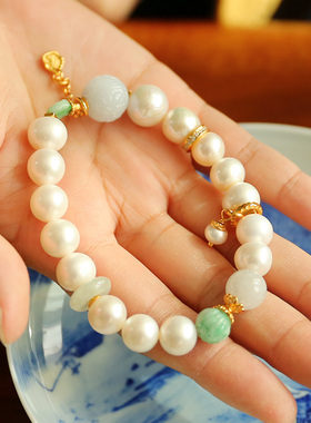 水舞 L1039 天然珍珠A货翡翠紫翠罗兰回纹珠手串新中式国风手链女