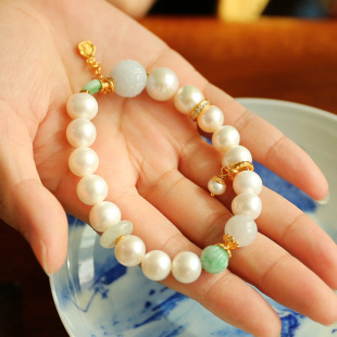 国风手链女 天然珍珠A货翡翠紫翠罗兰回纹珠手串新中式 水舞 L1039