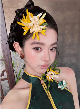 水舞U2517新娘头饰新中式绒花黄色仿真花朵发夹结婚礼晨袍发饰品