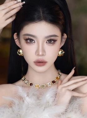 水舞 D1166新款新娘项链气质镶钻彩色方形高级轻奢复古项链颈链