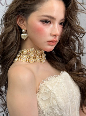 水舞D1231个性复古串珠锁骨链女气质感项链套装夸张设计感配饰品