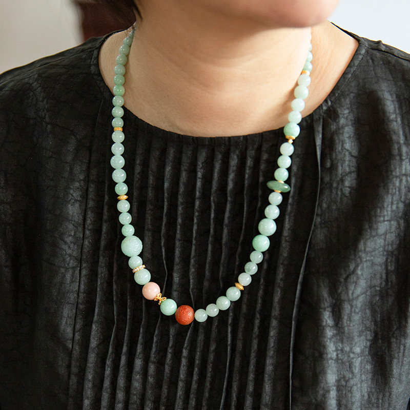 水舞 L1289 国风天然翡翠南红项链毛衣链粉澳宝项链套链925银镀金