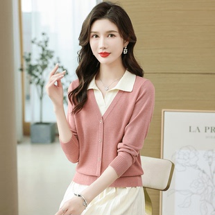 显瘦宽松长袖 2025春季 翻领假两件洋气百搭小衫 小方领长袖 针织 新款