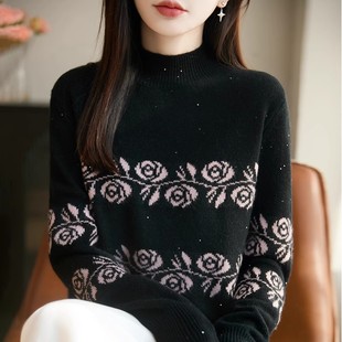 静奢风玫瑰提花亮片针织衫 女黑色半高领毛衣加厚打底衫