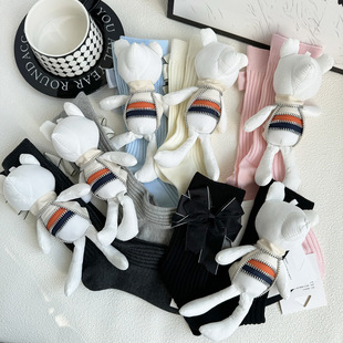 秋冬款长袜立体兔子玩偶袜黑白袜子可爱有趣中筒袜蝴蝶结网红潮袜