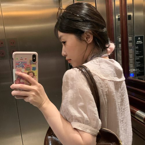 岛知道原创《暮色初现》夏法式亚麻ding染蕾丝拼接海军领浅紫衬衫