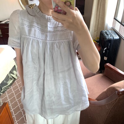 岛知道夏日温柔薯紫苎麻蕾丝公主花边领娃娃衫纯棉里衬