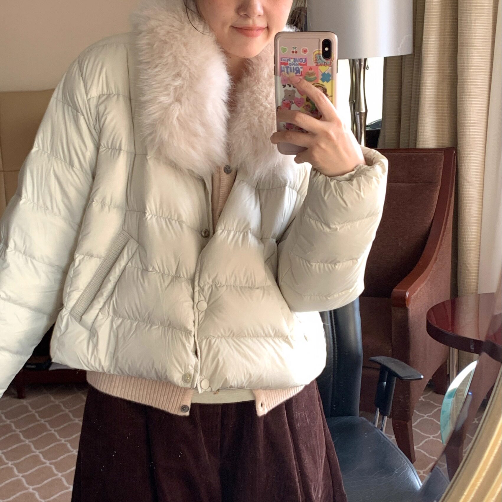 岛知道秋冬圆领针织拼接灰蓝色羽绒服