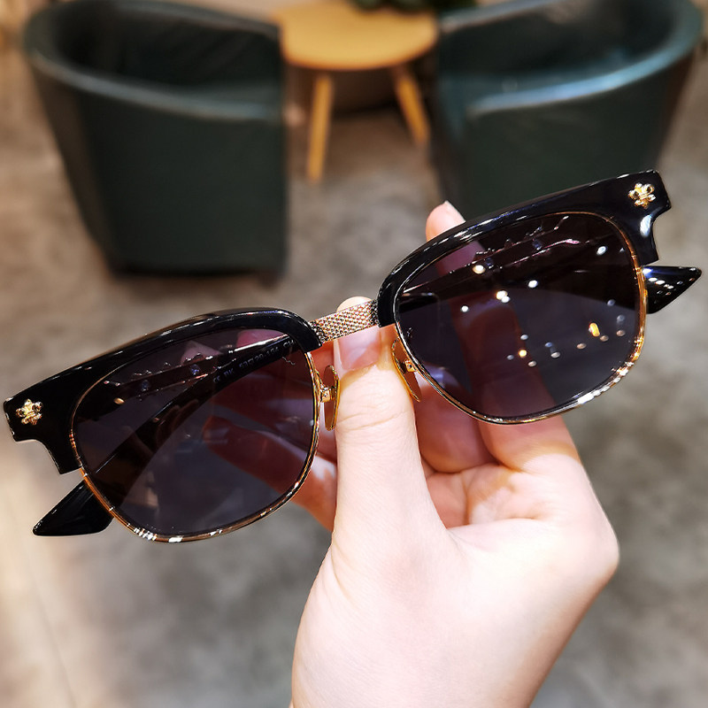 简丹雕花复古风方框太阳镜男女潮百搭钛架全框眉毛架防紫外线墨镜