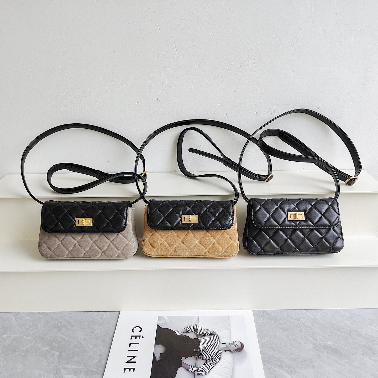 小香风磨砂牛皮拼接羊皮小方包女迷你真皮斜挎小包包高级感麂皮包