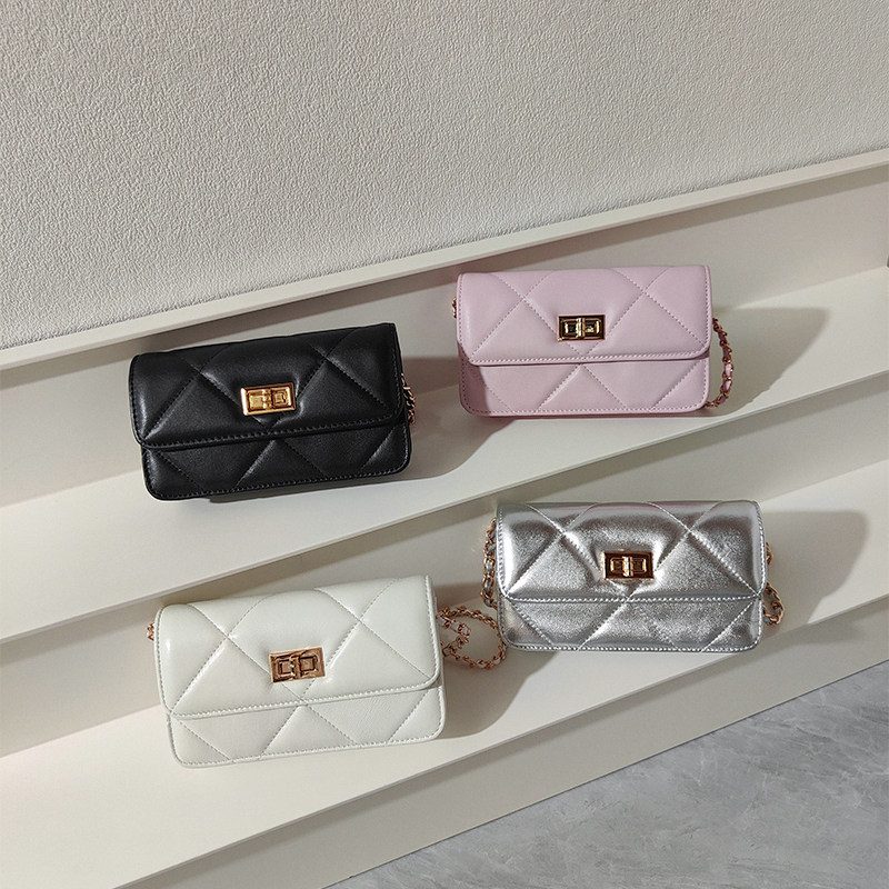 小香风羊皮菱格链条小方包女迷你斜挎银色小包包百搭真皮手机包夏