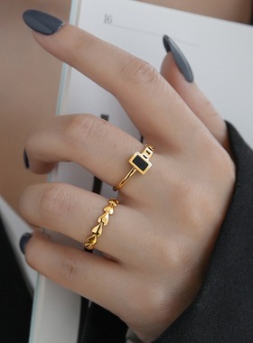 新款冷淡风高级黑色长方链条戒指女不掉色小众设计个性时尚ins潮
