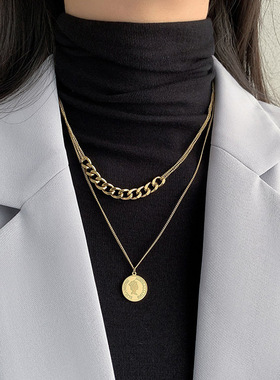 搭配卫衣 双层美人头装饰项链精致锁骨链2023年新款女轻奢小众女