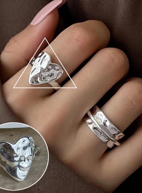 几何爱心锤纹戒指女时尚个性创意设计百搭宽边开口指环嘻哈食指戒