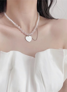 甜美百搭粉色珍珠水晶拼接链条项链女爱心吊坠小众轻奢高级锁骨链
