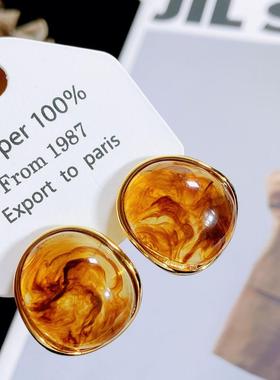 法式复古琥珀球面耳钉 s925银针cel秋冬新款气质简约高级感耳环女