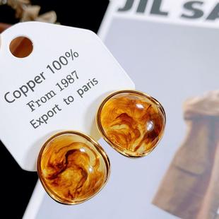 气质简约高级感耳环女 s925银针cel秋冬新款 法式 复古琥珀球面耳钉