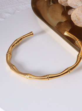 欧美简约百搭复古竹节开口手镯女竹子手环饰品钛钢镀18k金冷淡风