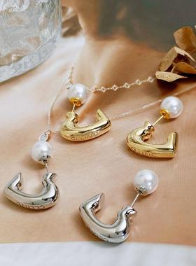 前后戴爱心珍珠耳钉女 s925银针法式气质温柔耳饰cel时尚百搭耳环