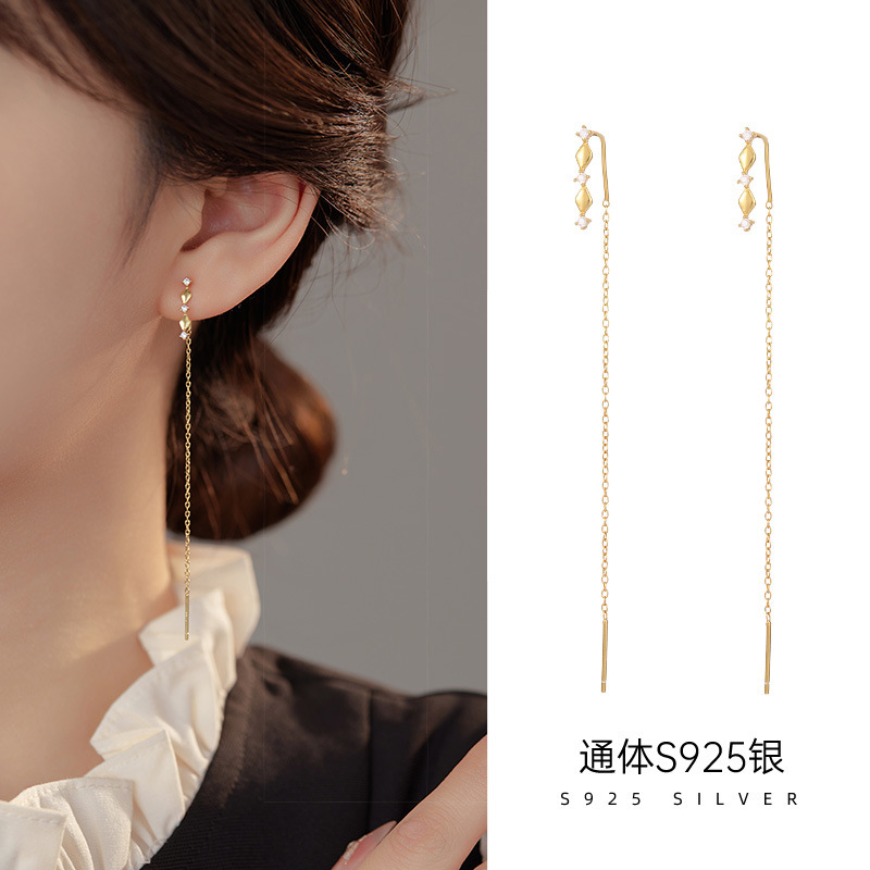 S925银气质长款几何耳线女唯美小众菱形镶钻流苏耳坠耳饰夏