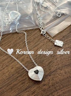 韩国ins爆款网红项饰品 S925纯银爱心形条纹黑钻项链女 小众