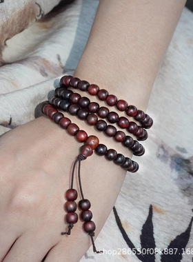 直销老挝红酸枝108颗佛珠手链国风链子念珠手串红木原色项链