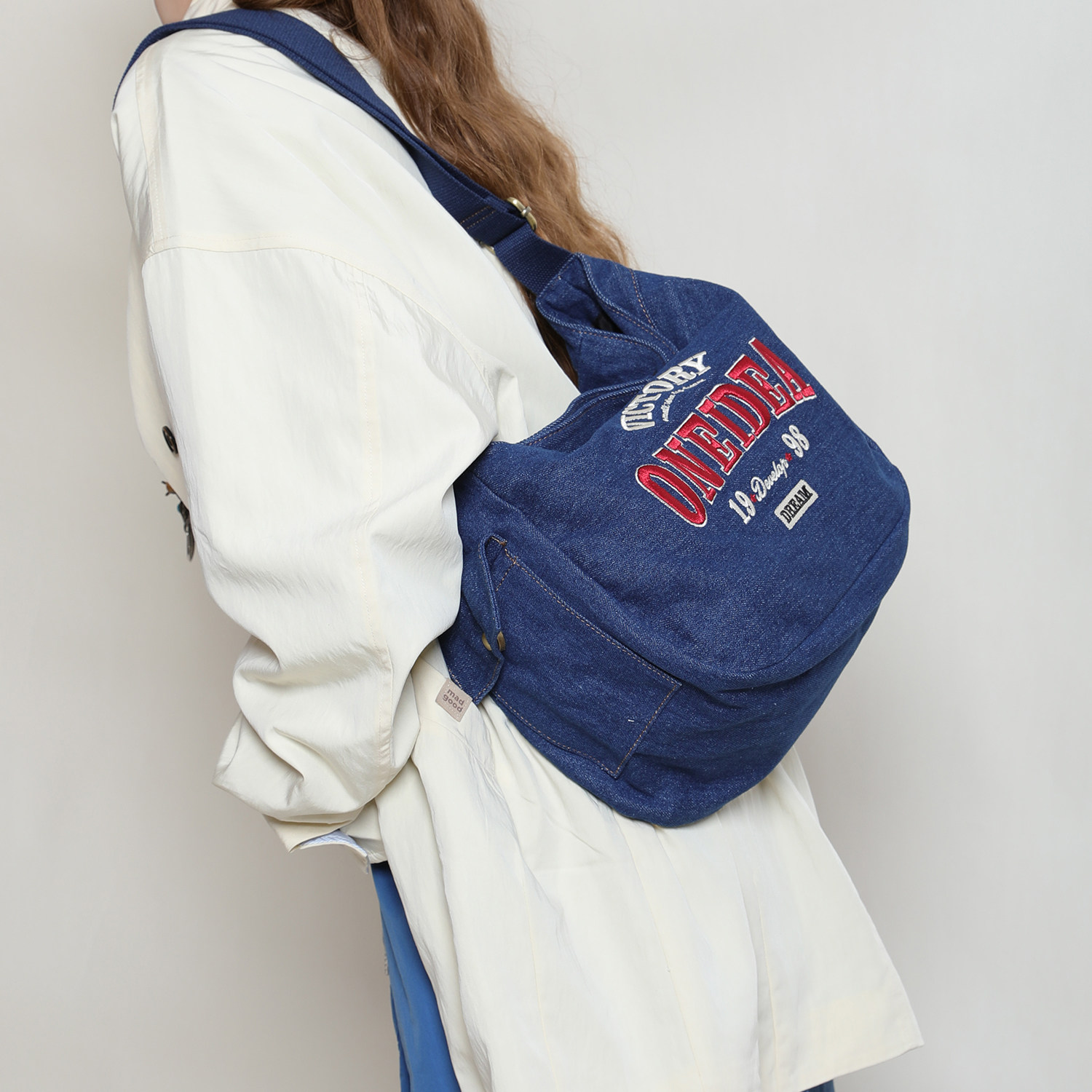 春款上新美式复古牛仔帆布包深蓝色织物包大容量通勤托特包单肩包