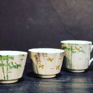 日本人气展会稻叶信一重工手绘南天紫藤竹雀樱花小鸟咖啡杯碟片口