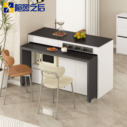 2025新款岩板餐边柜旋转餐桌一体靠墙移动开放式厨房中岛台9E76