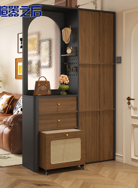 中古风进门实木鞋柜家用置物架入户玄关隔断柜屏风柜门厅柜9W59