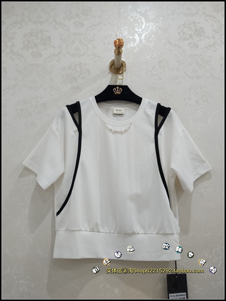 清仓特价实体店㊣2024夏设计感拼条露肩时尚短袖T恤