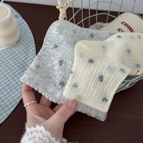 小碎花袜子女春夏薄款堆堆袜韩版甜美蕾丝花边中筒袜夏季百搭女袜