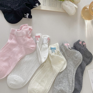 透气 日系纯色船袜后跟蝴蝶结刺绣棉袜无骨袜薄款 袜子女夏季 新品
