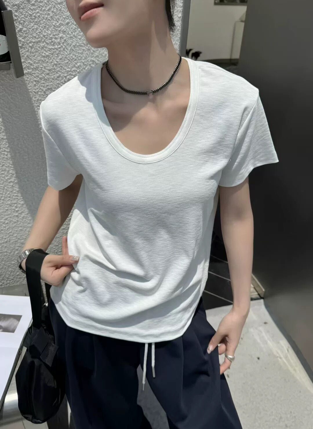 三可3518正品夏雪花棉短袖T恤女装韩版宽松百搭U领透气打底上衣