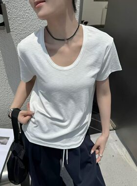 三可3518正品夏雪花棉短袖T恤女装韩版宽松百搭U领透气打底上衣