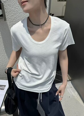 三可3518正品夏雪花棉短袖T恤女装韩版宽松百搭U领透气打底上衣