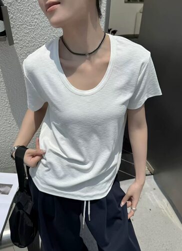 三可3518正品夏雪花棉短袖T恤女装韩版宽松百搭U领透气打底上衣