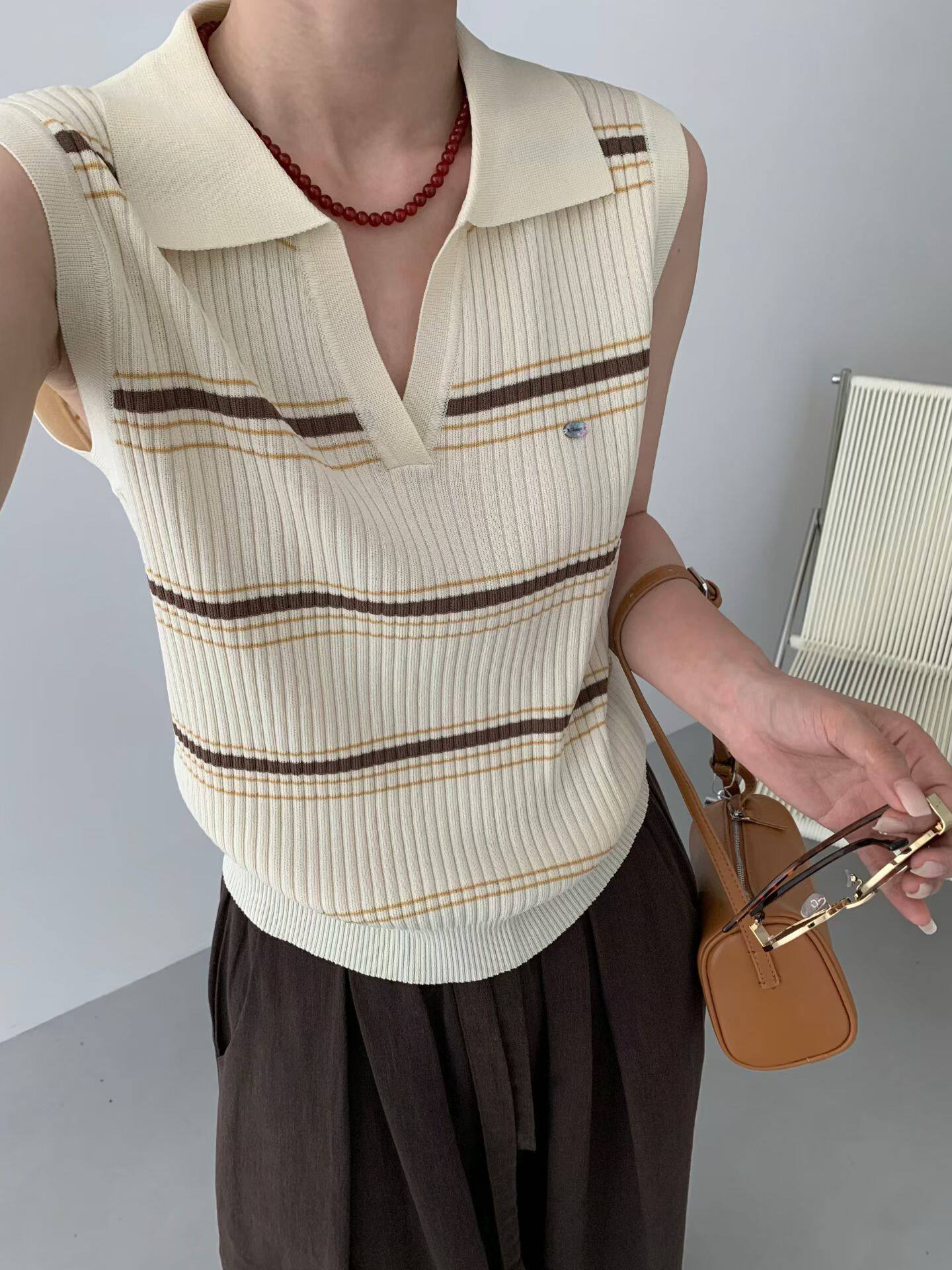 奈斯NICE88163正品实体同款条纹针织衫背心女无袖坎肩打底衫韩系