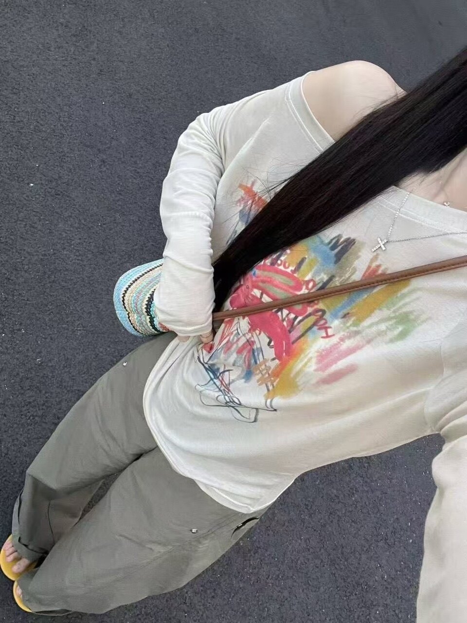 Bosimingdian9168正品2026宽松一字领露肩印花天丝棉防晒T恤衫女