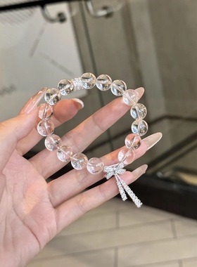 轻奢冰透感10mm白色串珠蝴蝶结飘带手串女冰凉甜美手链送女友礼物