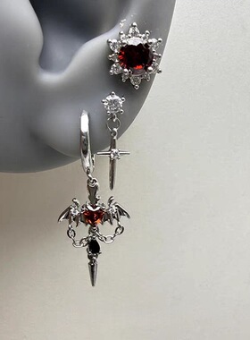 恶魔红色爱心翅膀耳钉暗黑复古朋克风小众独特轻奢个性耳饰男女潮