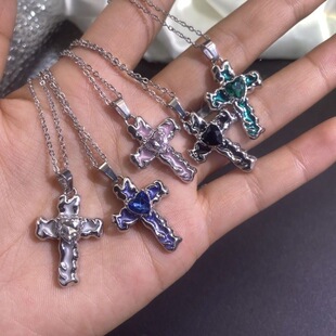 欧美个性 镶钻滴油爱心十字架项链男生嘻哈小众情侣百搭女吊坠长款