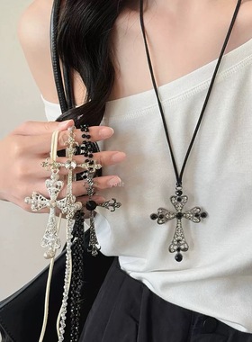 复古暗黑锆石十字架长款项链女