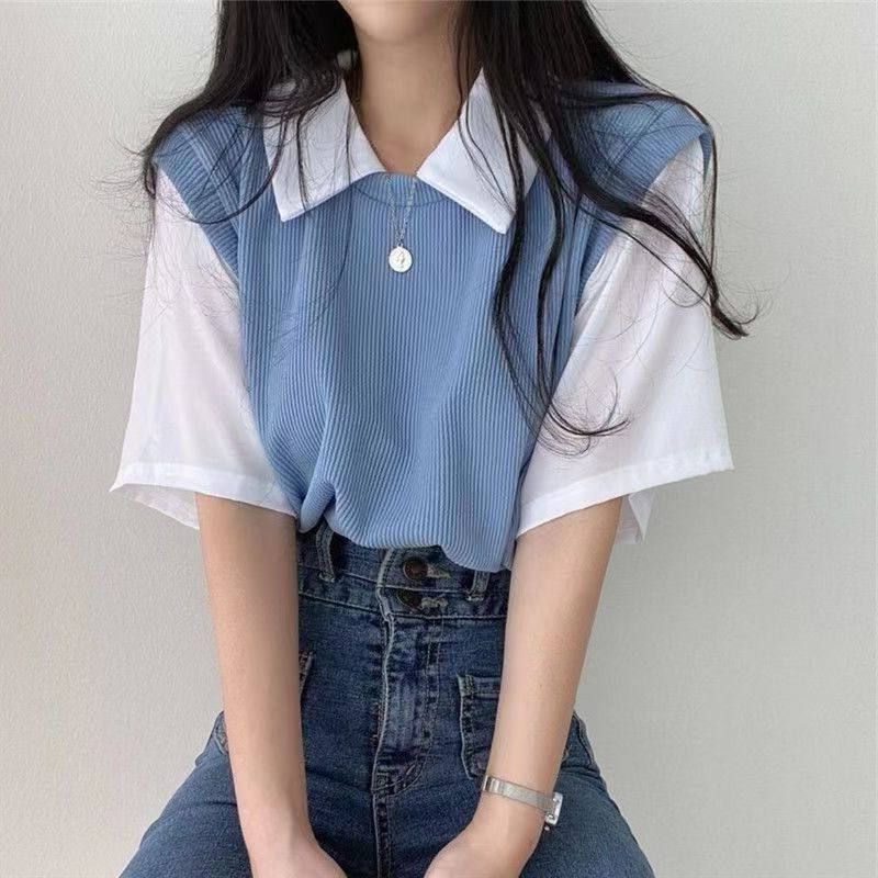 ins学院休闲翻领短袖夏季上衣两件olo宽松p女风撞色T恤百搭假